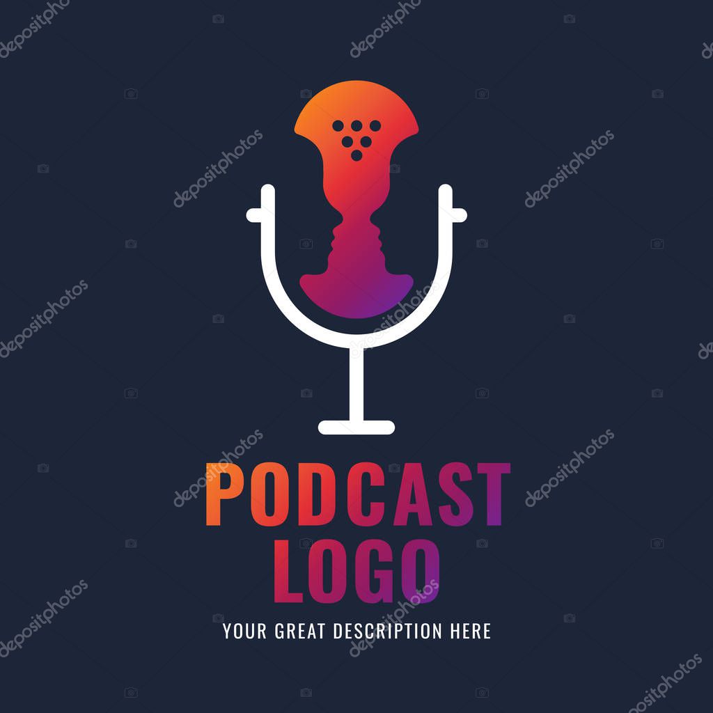 Podcast radio icon illustration. Studio table microphone with broadcast text on air. Webcast audio record concept logo. Podcast logotype.