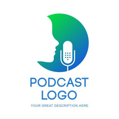Podcast radyo simge tasarlamak. Stüdyo Masa mikrofonu ile yayında yayın metin. Webcast ses kayıt kavramı logo.