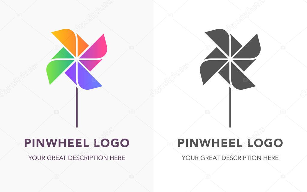 The pinwheel logo flat design vector illustrations. Two variants in black and in colors isolated on a white background.