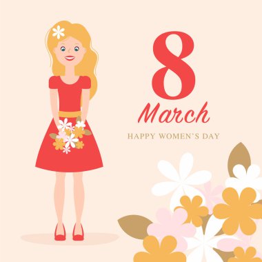 Uluslararası Dünya çapında womans gün büyük kırmızı merkezi 8 için tebrik kartı. Kız karakter. Aplike 8 Mart Kadınlar Günü için. Düz tasarım