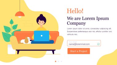 Modern düz vektör çizimi web sayfası tasarımı için Web sitesi ya da evden mobil uygulama yapma kadın kavramı. Çalışma yeri arkasında kadın karakter. Yaratıcı açılış sayfası tasarım şablonu. 