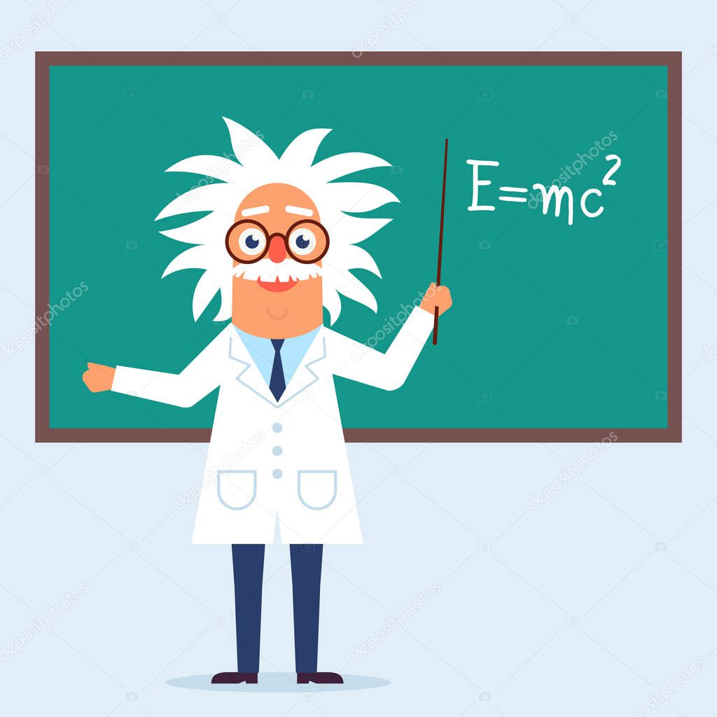 The professor character standing in the classroom near blackboard. Flat design funny illustration. Back to school idea. Phisics genius character. 
