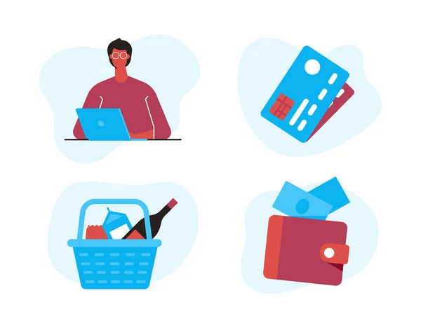 Ilustração Ícones Commerce Personagens Com Cartões Crédito Balde Com Compras —  Vetores de Stock