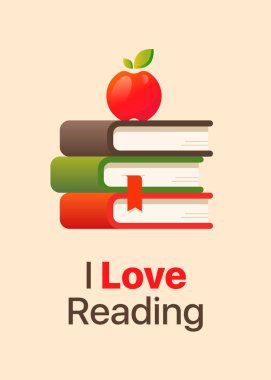 Elma üst kitaplarla stacck. Ben afiş okuma seviyorum. Düz tasarlamak vektör. 