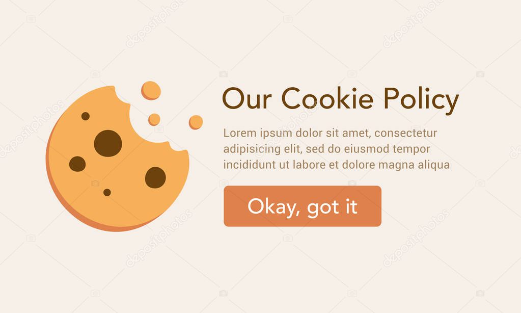 Internet web pop up for cookie policy notification. Form and button and cool cookie illustration. Good business idea. 