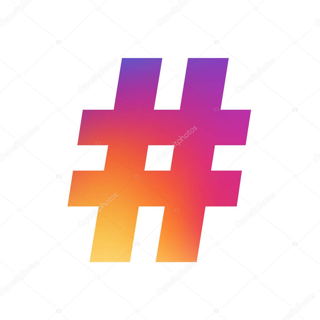 Hashtag and like icons vintage illustration painted colors of the rainbow. Blur logo. Icon concept. 