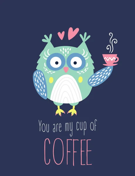 Die Süße Eule Mit Der Tasse Kaffee Handgezeichnete Vektorillustration Coole — Stockvektor