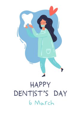 Health Dent design vector template. Happy Dentist's day card. The doctor with the tooth. Dental clinic poster, card, information background concept. Health tooth in a form of heart. clipart