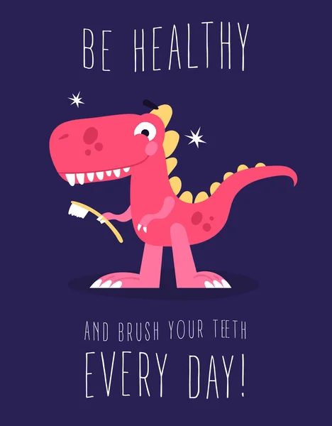 The cute dinosaur with the tooth brush. Children's book illustration or kids eductaional poster.  Great idea for kids posters and calendars. Vector illustration.