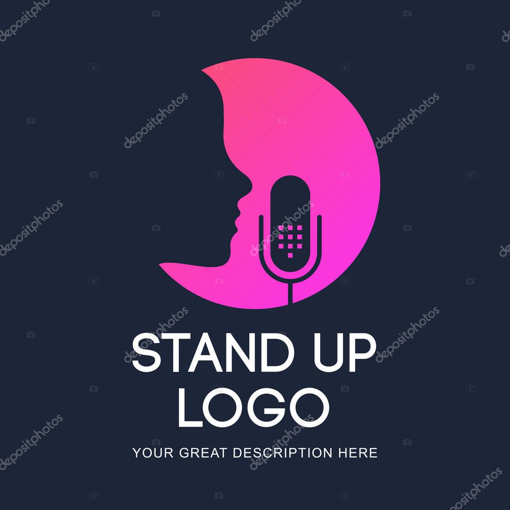 Stand Up icon illustration. Studio table microphone with face silhuette. Webcast audio record concept logo.