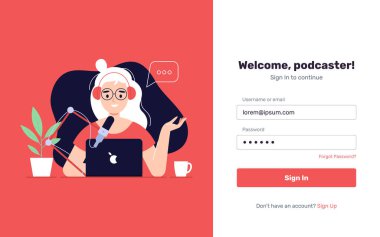 Podcast Onboard Page Şablonu. Online Yayın için Podcast İnternet Dijital Kaydı Yapan Kadın Karakteri. Web sitesi için Düz Çizgi Film Vektör İllüstrasyonu. - Vektör