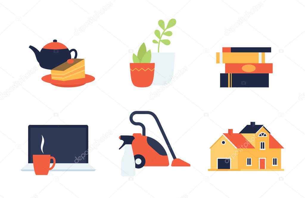 home things icons vector flat design, home time spending, houseworks and rest.