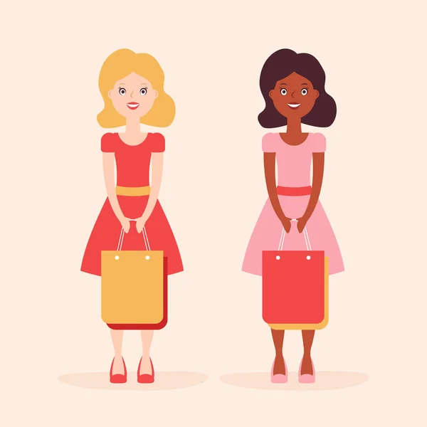 Δύο Όμορφους Χαρακτήρες Κορίτσι Κορίτσια Για Ψώνια Caucasion Και Αφροαμερικανικά — Διανυσματικό Αρχείο