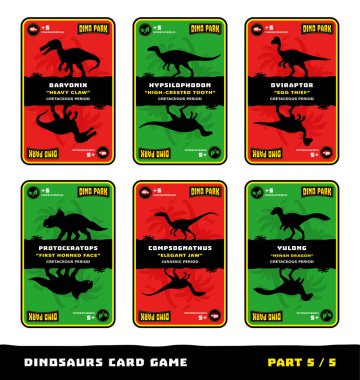 Çocuklar için dinozorlar kart oyunu. Siluetler, isimler ve dinozor türleri hakkındaki gerçekler: Baryonix, Hypsilophodon, Oviraptor, Protoceratops, Compsognathus, Yulong. Beşinci Bölümün 5..