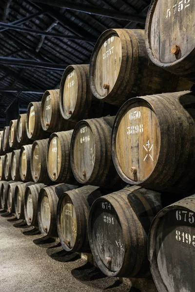 在葡萄牙波尔图葡萄酒窖的木制波尔图葡萄酒桶行 — 图库照片