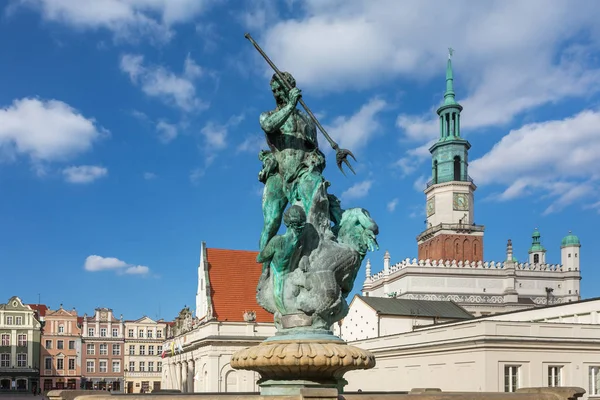 Neptune Fountain City Hall Tower Background Main Market Square Old — Stock Photo, Image