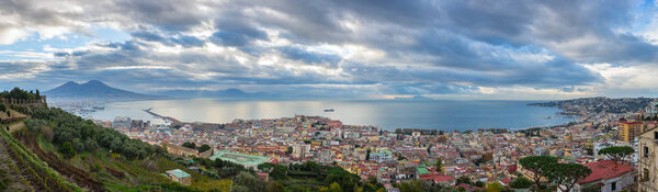 Panorama view of Gulf of Naples and Mount Vesuvius, province of Campania, Italy.