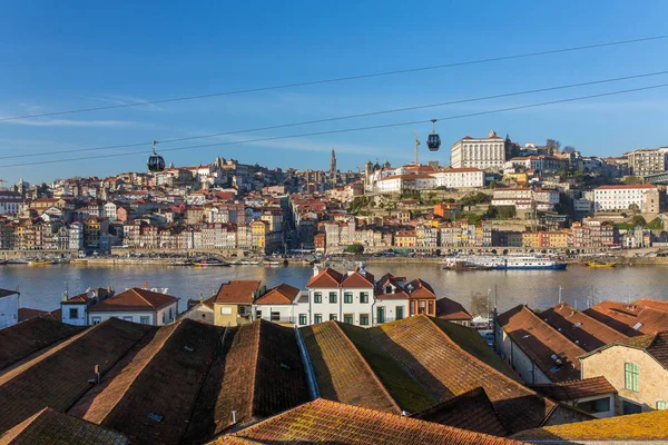 Widok Historyczne Miasto Porto Kolejki Linowej Łodzi Rzekę Douro Portugalia — Zdjęcie stockowe