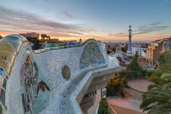 Ανατολή Ηλίου Θέα Πάρκο Guell Σχεδιασμένο Από Τον Antoni Gaudi — Φωτογραφία Αρχείου