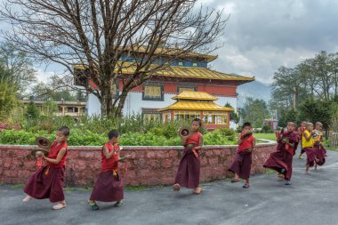 Gangtok, Hindistan - 3 Mayıs 2017: Tanımlanamayan genç acemi Budist rahipler geleneksel cüppeli Tibetan müzik enstrüman budur ha Tsuglakhang manastırda oynayarak pratik
