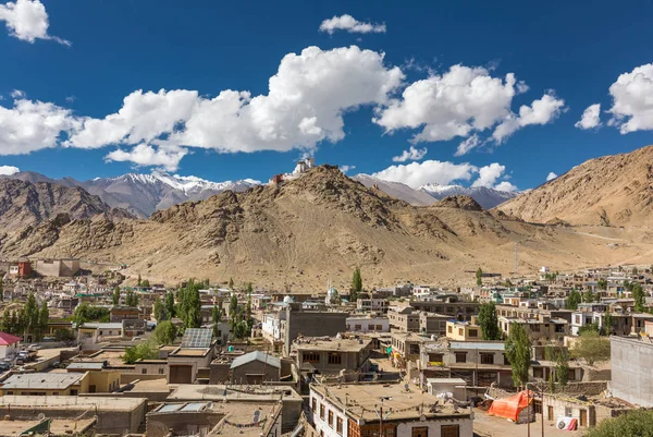 Luchtfoto Van Leh Stad Met Tsemo Maitreya Tempel Bovenop Heuvel — Stockfoto