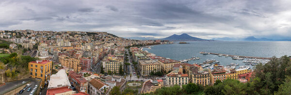 Panorama of port in Gulf of Naples and Mount Vesuvius, province of Campania, Italy