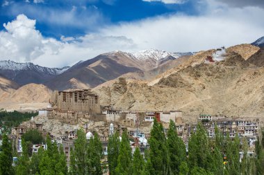 Leh Sarayı ve Tsemo Maitreya Tapınağı Himalaya Dağları arka plan, Jammu ve Keşmir, Hindistan ile güzel görünümü.