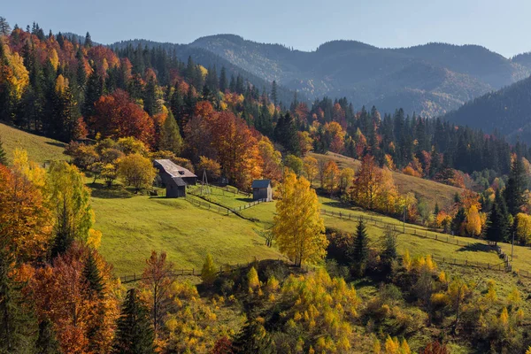 Farbenfrohe Herbstlandschaft Bergdorf Schöner Morgen Den Karpaten Ukraine — Stockfoto