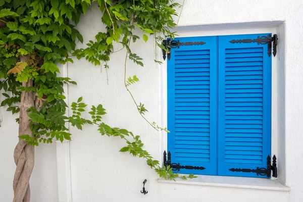 Casa Blanca Fachada Con Persianas Azules Naoussa Ciudad Isla Paros —  Fotos de Stock