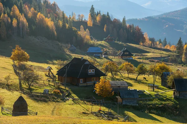 Barevné Podzimní Krajina Horské Vesničce Mlhavé Ráno Karpaty Ukrajina — Stock fotografie