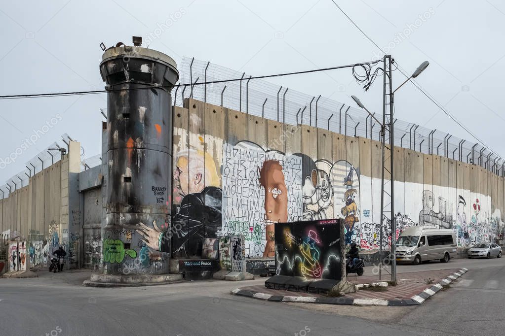 Bethlehem, Israel -November 22, 2018: Separation wall between Israel and West Bank