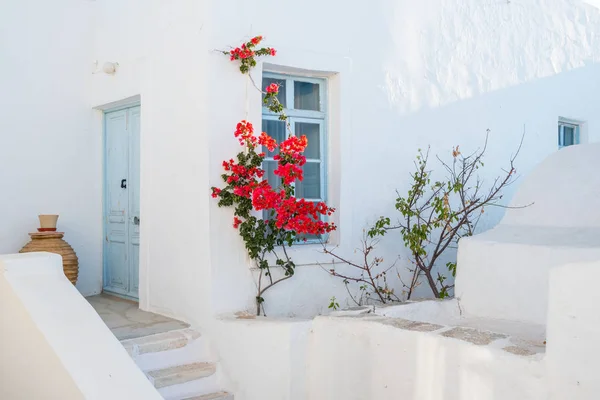 Vit Hus Fasad Med Blå Dörr Fönster Och Vackra Blommor — Stockfoto