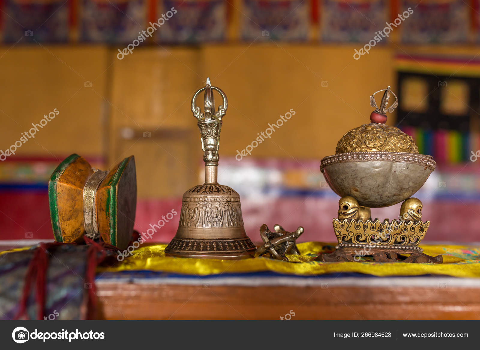 Closeup of the ceremonial objects in tibetan buddhist monastery in Ladakh  Stock Photo by ©mazzzur 266984628