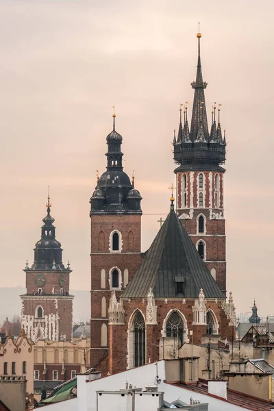 Krakow St Marys Bazilikası ve Belediye Binası Kulesi — Stok fotoğraf