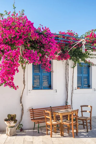 Fachada de casa blanca con ventanas azules tradicionales y flores en la isla de Andros, Cícladas —  Fotos de Stock