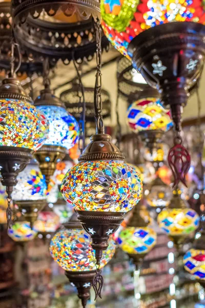 Variety of colorful turkey glass lamps for sale in Cappadocia, Turkey. — Stock Photo, Image