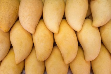 Taze sarı yırtık Tay mango isimleri Mamuang Kaew kazık meyve tezgahı dükkanı görüntülenir