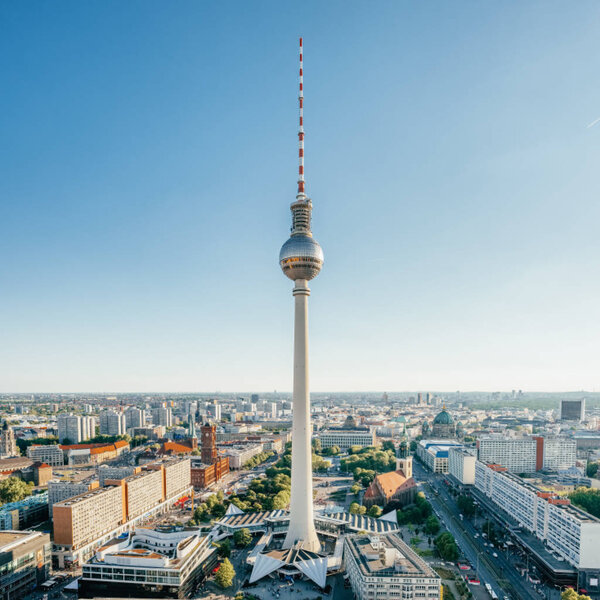 Berlin TV Tower at Alexander Platz at summer in Berlin, Germany