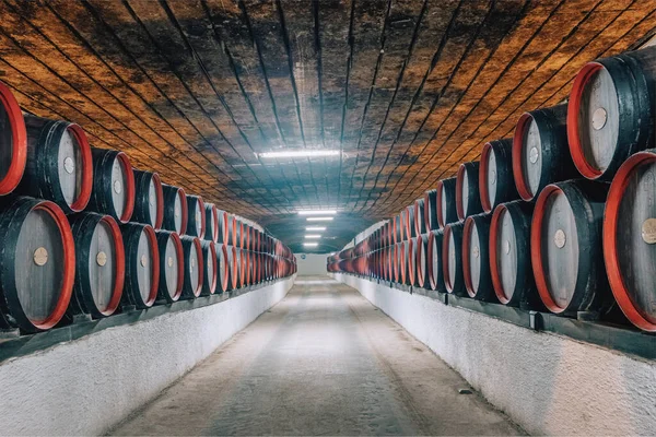 Barris de vinho dentro dos túneis subterrâneos de uma vinícola de Cricova famouse na Moldávia — Fotografia de Stock