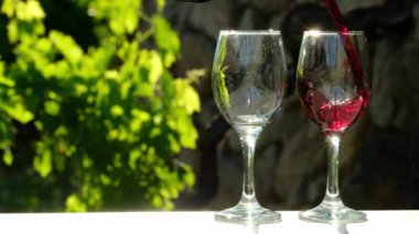 Kırmızı şarabı bir şişeden üzüm bağlarında iki bardağa dolduruyor.