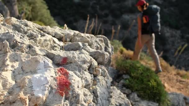 Sırt çantalı genç kadın Türkiye 'de Lycian yolunda yürüyüş yapıyor. — Stok video