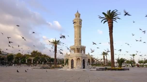 Taubenschwarm fliegt um den Uhrenturm von Izmir, Türkei. — Stockvideo