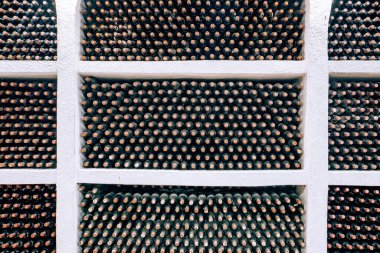 Şarap şişeleri eski şarap mahzeninin arka planında birikmiş.