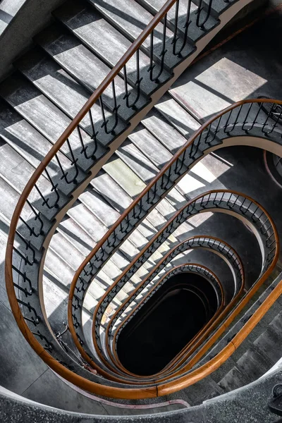 Looking down at the spiral staircase