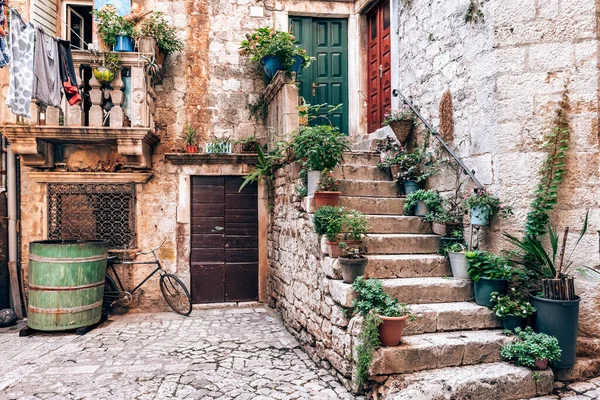 Rue pittoresque dans la ville de Trogir avec pots de fleurs et blanchisserie fraîche — Photo