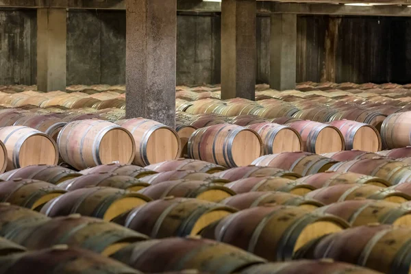 İspanya 'nın Rioja bölgesindeki şarap mahzenlerinde kırmızı şarap bulunan meşe fıçıları. Şarap yapma süreci ahşap fıçılarda yaşlanan lezzetli şarapları kalite ve lezzet geliştirme için mükemmel koşullar altında gösteriyor..