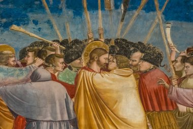 Padua, İtalya - 8 Ekim 2024: İtalya 'nın Padua kentindeki Scrovegni Şapeli veya Cappella degli Scrovegni' nin muhteşem tarihi freskleri. Kilise, Giotto 'nun 1305 yılından kalma ünlü bir fresk döngüsüne sahiptir.