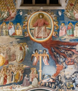 Padua, İtalya - 8 Ekim 2024: İtalya 'nın Padua kentindeki Scrovegni Şapeli veya Cappella degli Scrovegni' nin muhteşem tarihi freskleri. Kilise, Giotto 'nun 1305 yılından kalma ünlü bir fresk döngüsüne sahiptir.