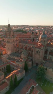 Günbatımında Salamanca 'nın tarihi şehir manzarası Castilla y Leon, İspanya. Salamanca Katedrali, Torre del Clavero ve tarihi üniversitesi olan ortaçağ şehri. UNESCO Dünya Mirası Alanı