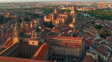 Gündoğumunda Salamanca 'nın tarihi şehir manzarası Castilla y Leon, İspanya. Ortaçağ şehri, Salamanca Katedrali, Torre del Clavero ve tarihi üniversite. UNESCO Dünya Mirası Alanı